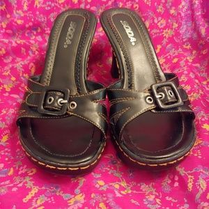 Soda heeled black slip on sandals